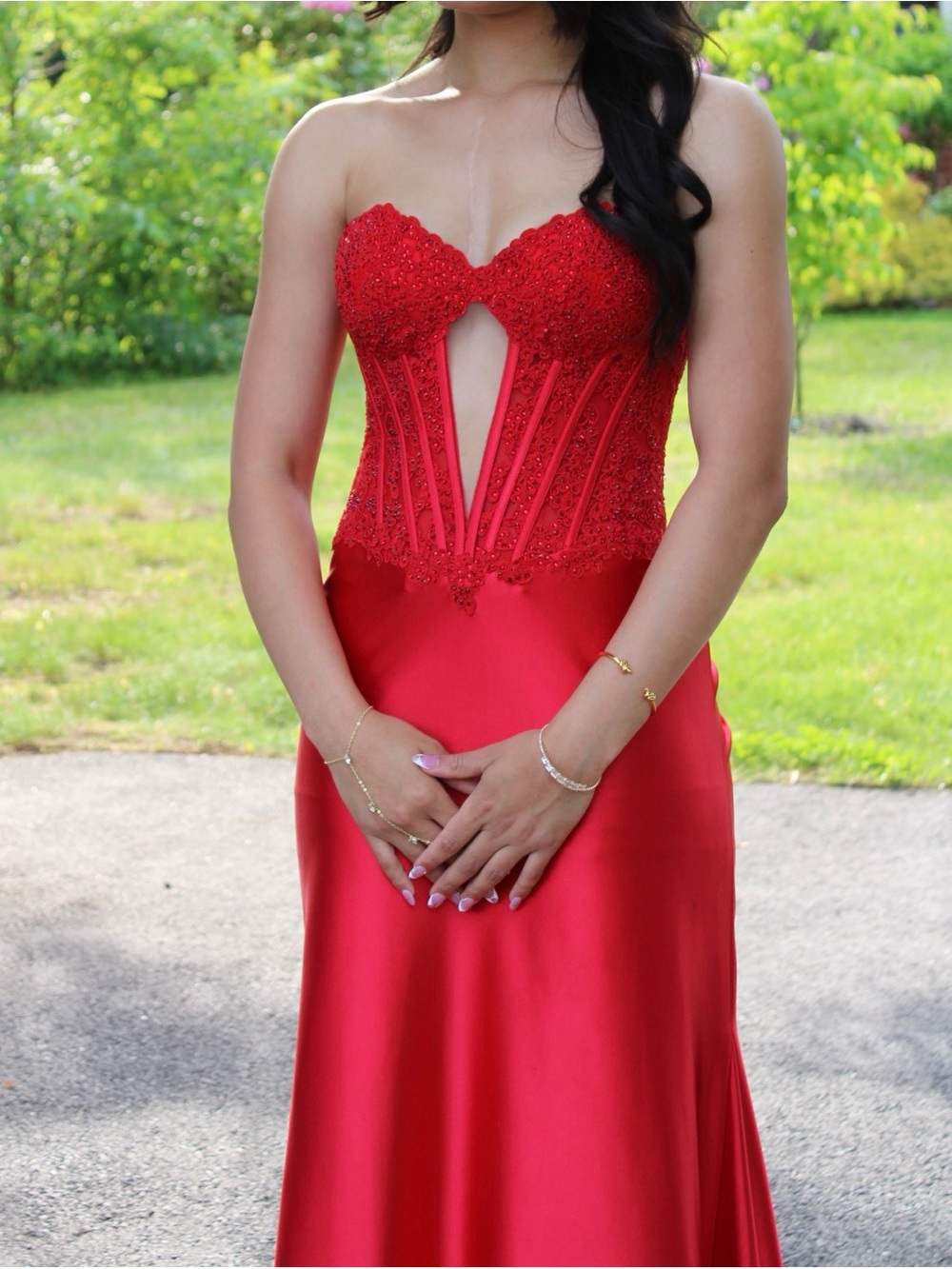 Sherri Hill Strapless Red Beaded Lace Evening Gown